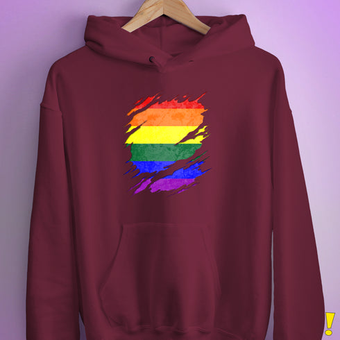 LGBTQ Pride Flag Ripped Reveal Hoodie - Maroon